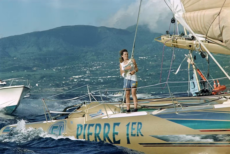 Florence Arthaud crosses the finish line to win the Route du Rhum in 1990. (Photo: AFP/Marcel Mochet)