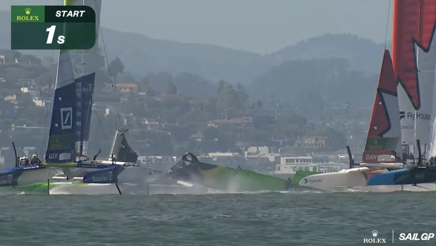 Australia's sail snaps in half just as they are set to cross the start line; high drama in an already exciting SailGP leg