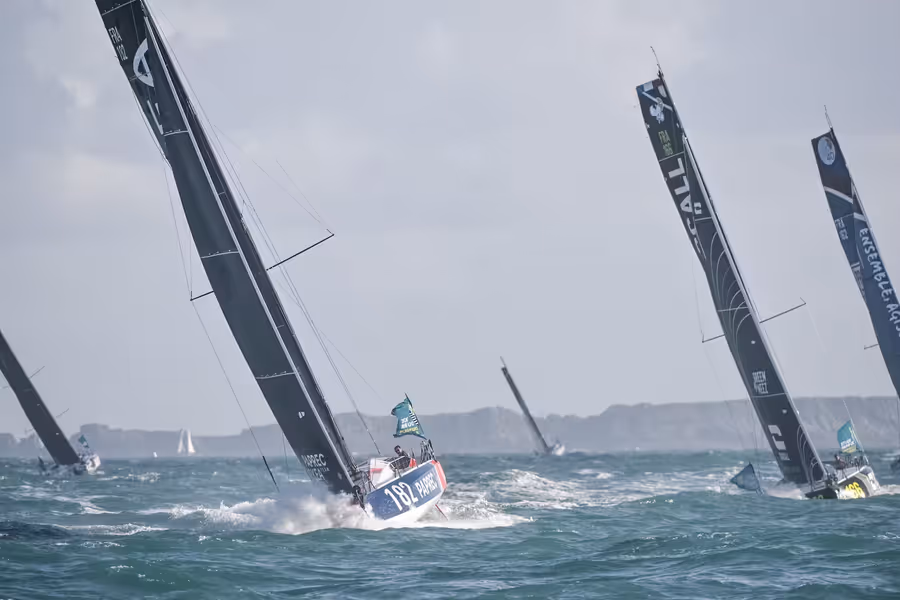 Class40 yachts line up at the start of the Route du Rhum - Destination Guadeloupe 2026