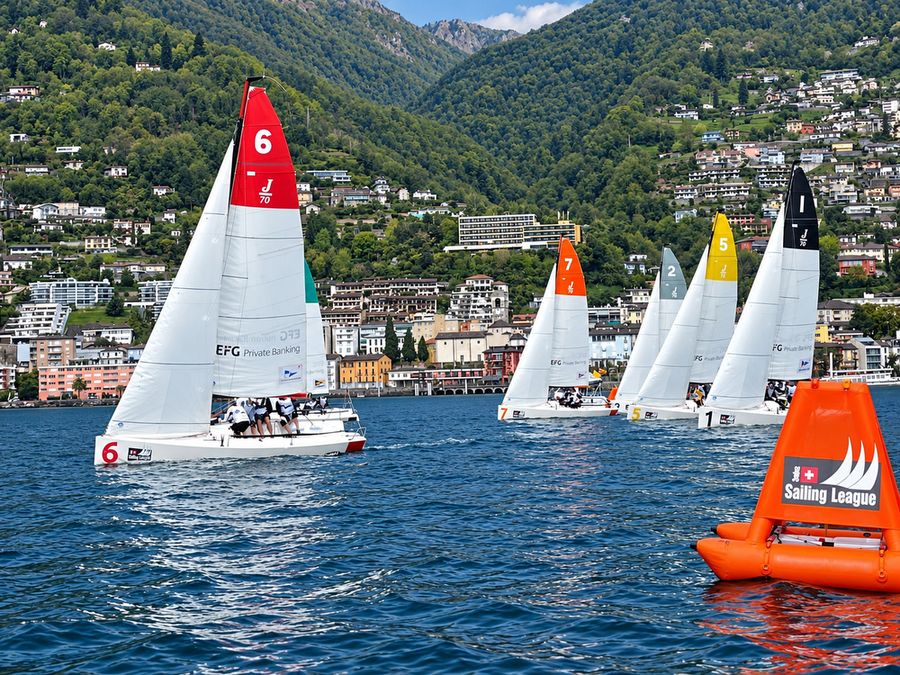 Racing gets underway during the J70 Swiss HeidiCup women's event on Lake Thun.