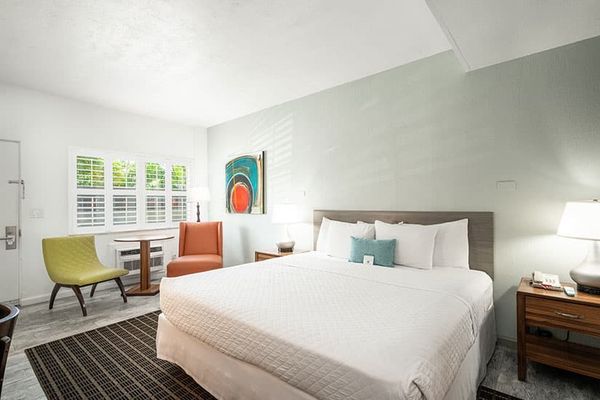A bright king guestroom at Blue Marlin Motel Key West