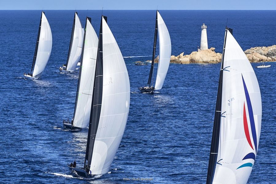 The Maxi Grand Prix fleet races with World Champion Northstar III leading the way at the 2026 Maxi Yacht Rolex Cup. Photo: Rolex/Studio Borlenghi