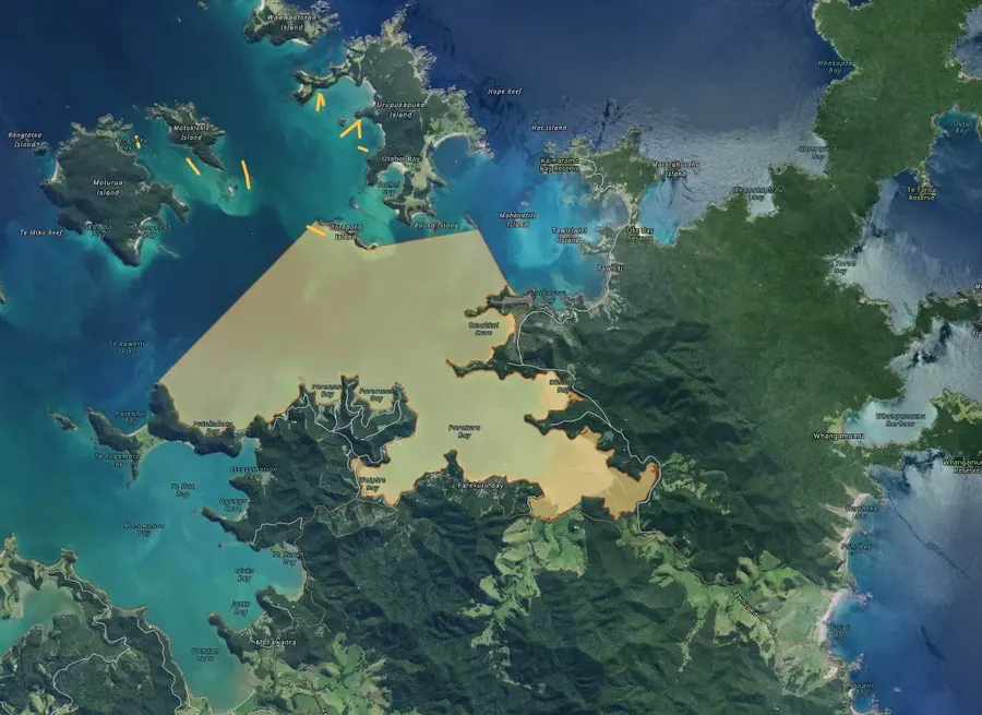 A map showing the areas of newly-discovered exotic Caulerpa off Urupukapuka, Motukiekie and Moturua Islands. They are indicated with the small orange lines. An existing Biosecurity New Zealand ‘Controlled Area Notice’ is the larger shaded yellow area. Photo credit: Northland Regional Council