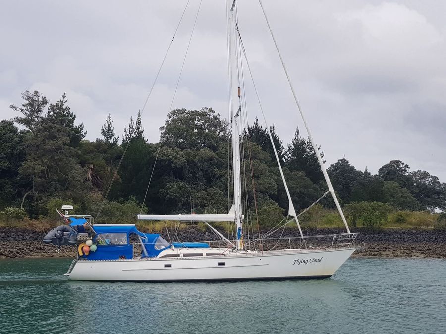 SV Flying Cloud with Highfield tender on transom arch. This tender was stolen off the yacht a few nights ago.