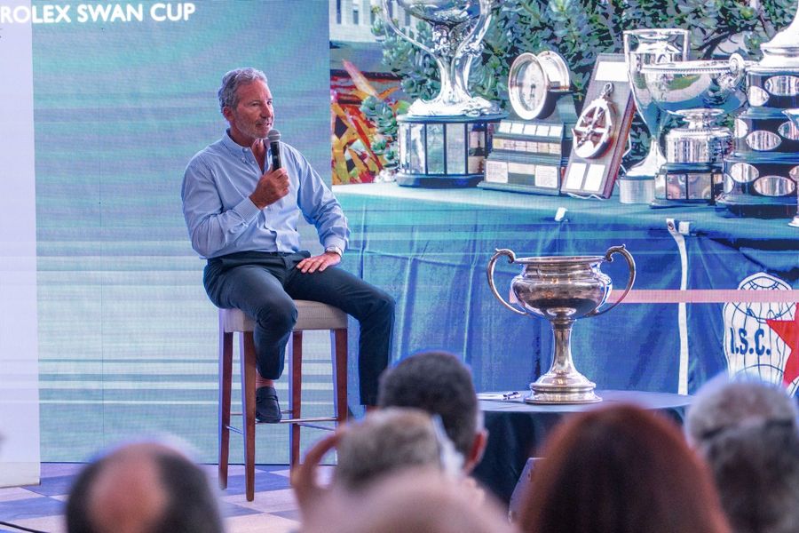 Paul Cayard greets sailors at the Meet and Greet in Piazza Azzurra during the Rolex Swan Cup 2026. Photo: YCCS/Daniele Macis