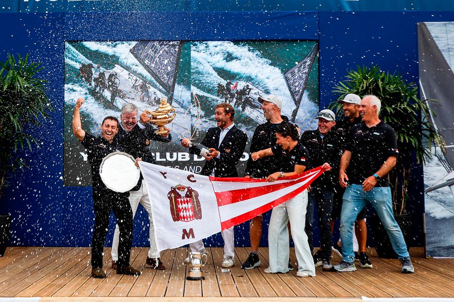 Competitors gather on stage for the Admiral's Cup prizegiving.