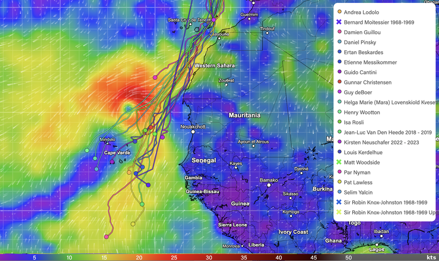 Golden Globe Race positions with wind map overlay