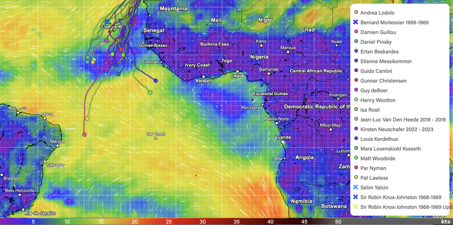 Wind map and yacht positions