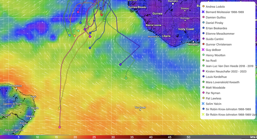Wind map and yacht positions