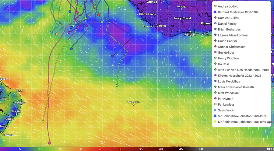 PredictWind wind forecast map, with overlay of the yachts