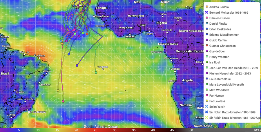 Golden Globe Race progress map with Yachts and Wind speeds included.
