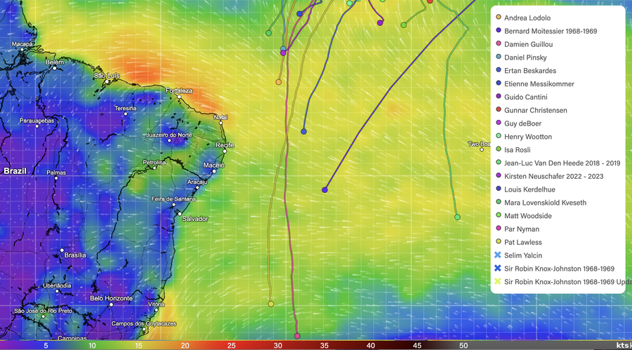 Golden Globe yacht positions on the map, with wind speed overlap