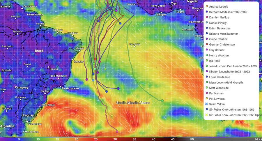 Golden Globe Race yachts with wind overlay on the map.