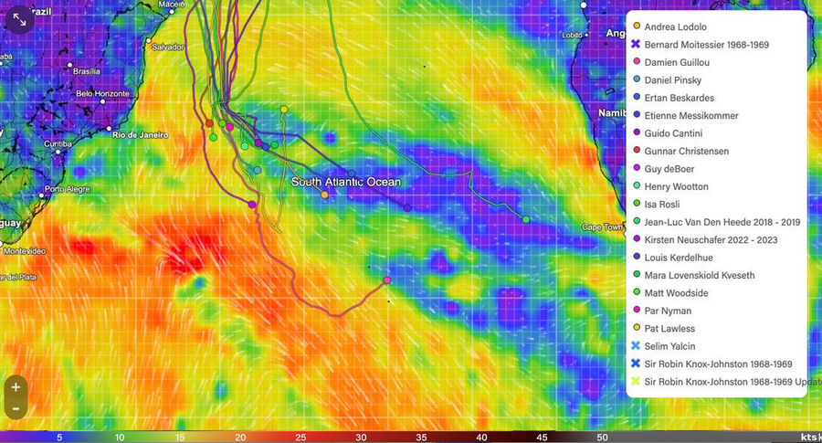Wind map of the South Atlantic with the Golden Globe Race fleet, showing the leader's track bending north-east and the other yachts spread to the north-west