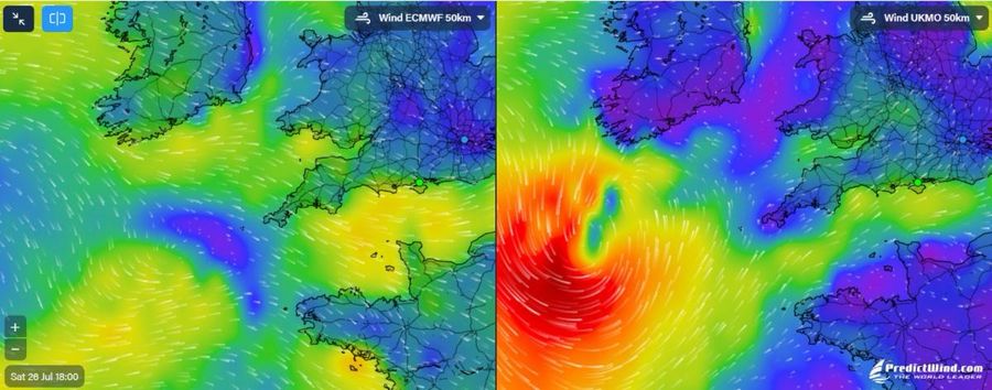 Differing weather models for Saturday evening. Courtesy of PredictWind