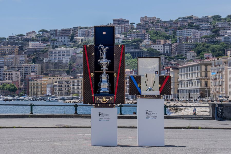 The America's Cup and Louis Vuitton trophies on display in Naples ahead of the Louis Vuitton 38th America's Cup.
