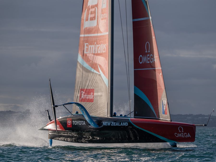 Emirates Team New Zealand's AC75 Taihoro, set to compete at the 38th Louis Vuitton America's Cup.