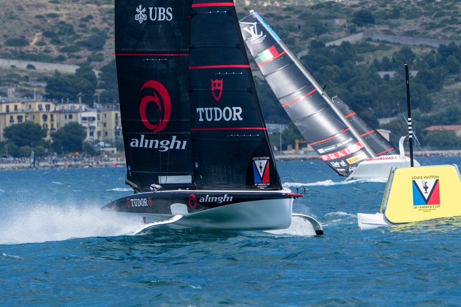 Fleet in action on the opening day of the Louis Vuitton 38th America's Cup Preliminary Regatta in Sardinia.