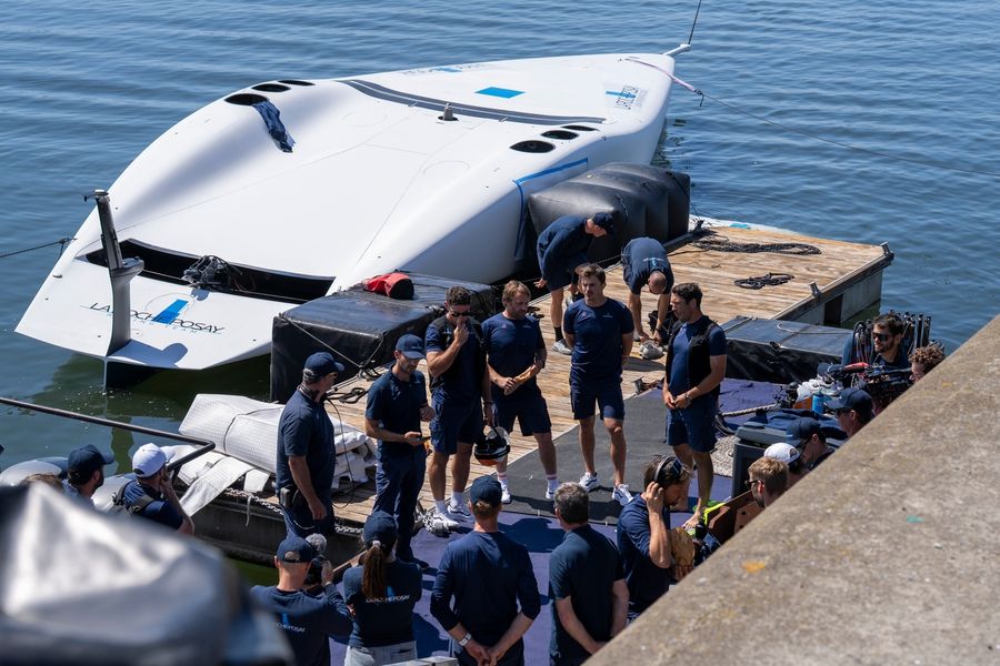 La Roche Posay Racing Team's AC75 during testing off Lorient as the French crew worked through foiling challenges.