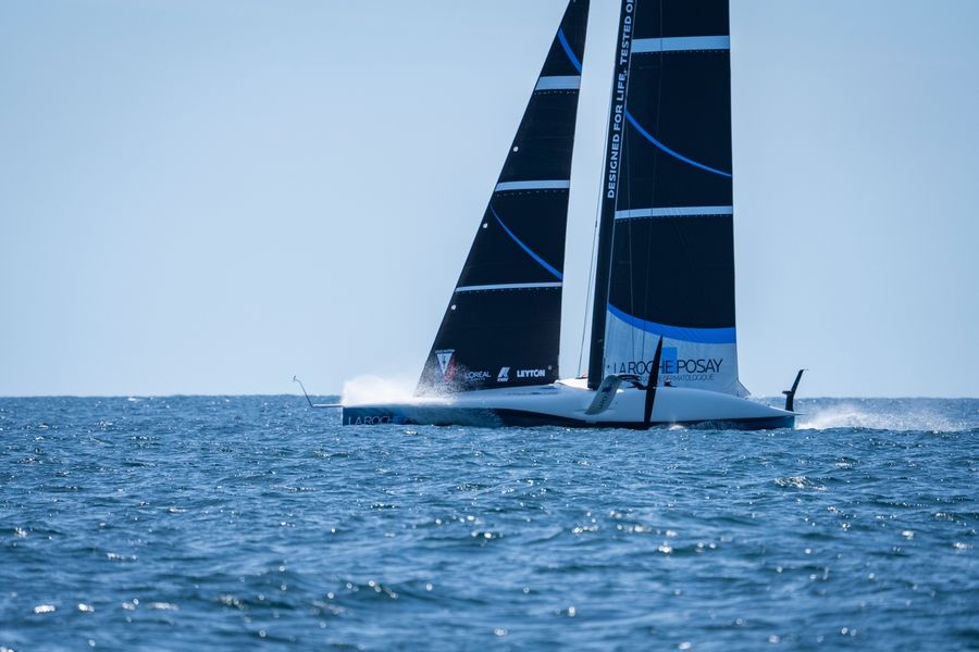 La Roche Posay Racing Team's AC75 during their debut outing off the coast of Lorient.