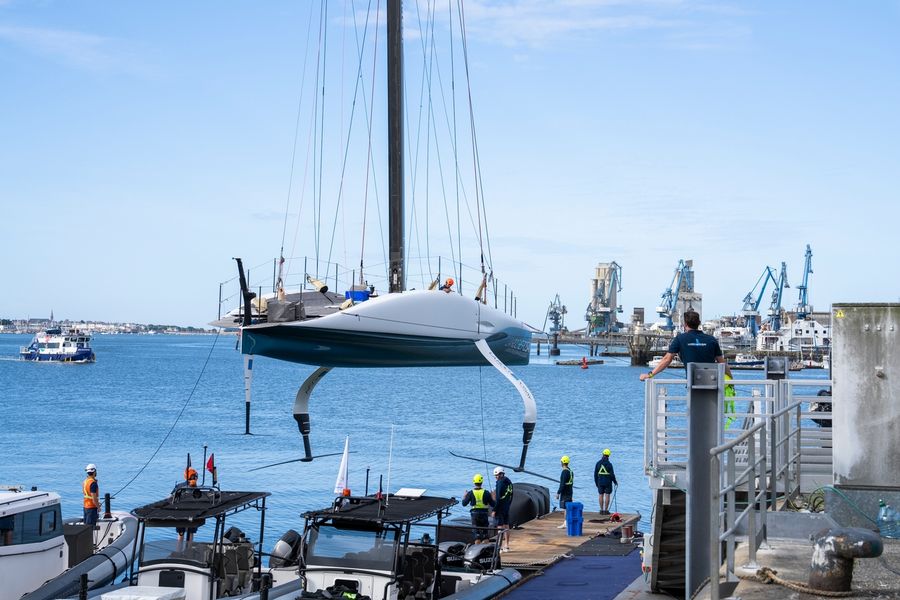 La Roche Posay Racing Team's AC75 pictured during their early foiling attempts off Lorient.