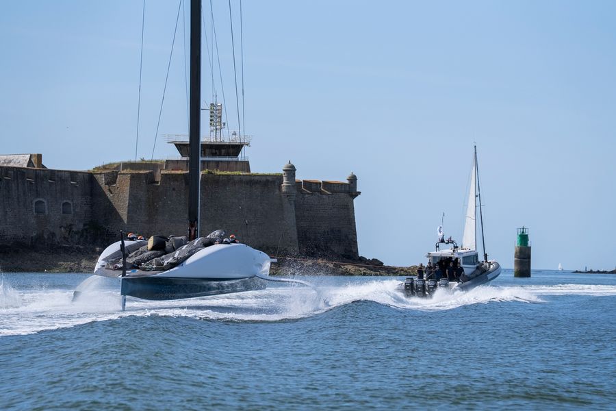 La Roche Posay Racing Team's AC75 on the water off Lorient during their debut campaign.