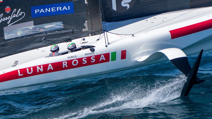 Maria Giubilei and Marco Gradoni racing aboard Luna Rossa Team 1 on day two of the Louis Vuitton 38th America's Cup Preliminary Regatta in Sardinia, 23 May 2026.