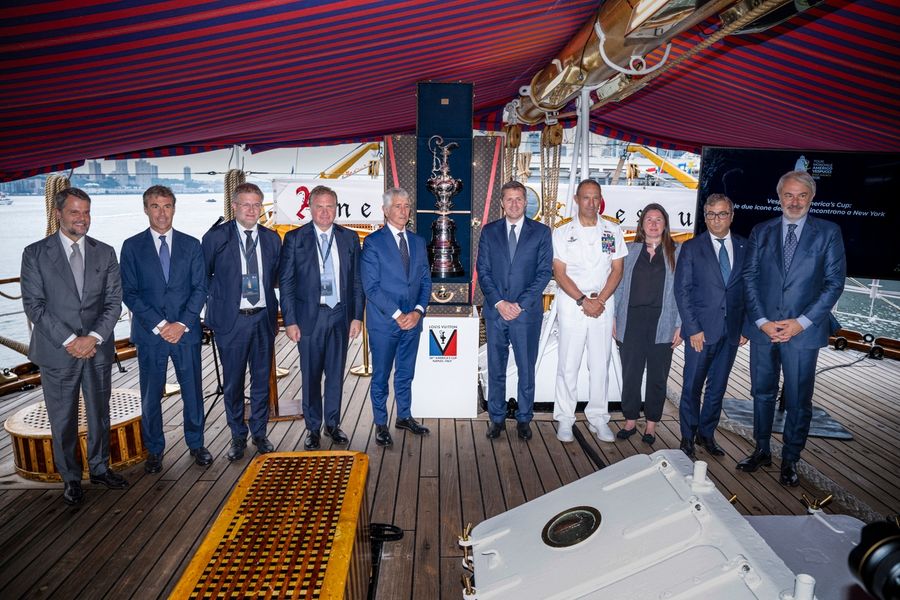 The America's Cup trophy was welcomed aboard the tall ship Amerigo Vespucci in New York as part of celebrations marking 250 years of American independence.