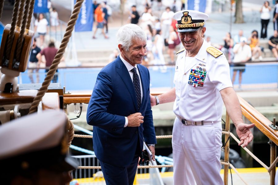 The America's Cup trophy aboard the Amerigo Vespucci in New York, during festivities marking 250 years of American independence.
