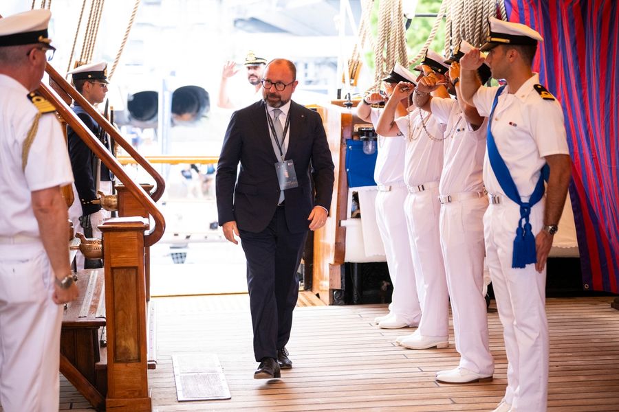 The America's Cup on display aboard the Amerigo Vespucci in New York, as part of the US 250th anniversary celebrations that kicked off on 4 July.