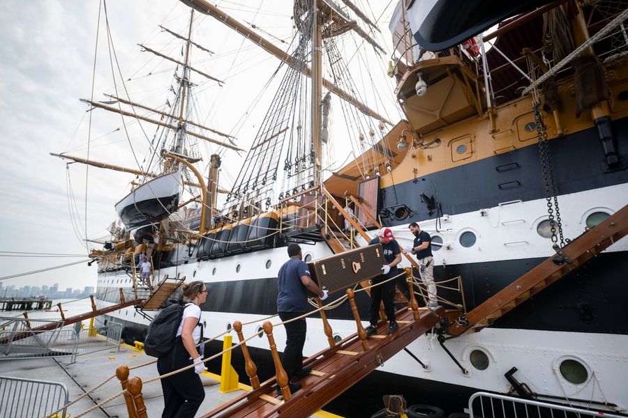 The America's Cup sits aboard the tall ship Amerigo Vespucci in New York during the 250th anniversary celebrations of American independence.