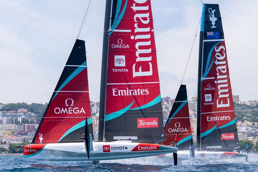 Emirates Team New Zealand takes to Naples Bay for the first time ahead of the Louis Vuitton 38th America's Cup, 6 July 2026.