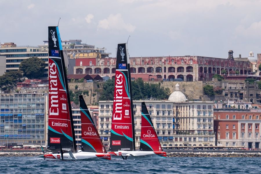 Emirates Team New Zealand out on Naples Bay for their opening sail at the Louis Vuitton 38th America's Cup venue, 6 July 2026.