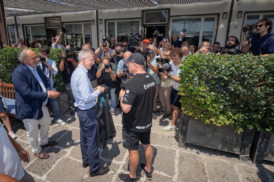 ETNZ CEO Grant Dalton and Naples Mayor Gaetano Manfredi out on the Gulf of Naples for day two of AC40 training as Naples readies itself for the Louis Vuitton 38th America's Cup.