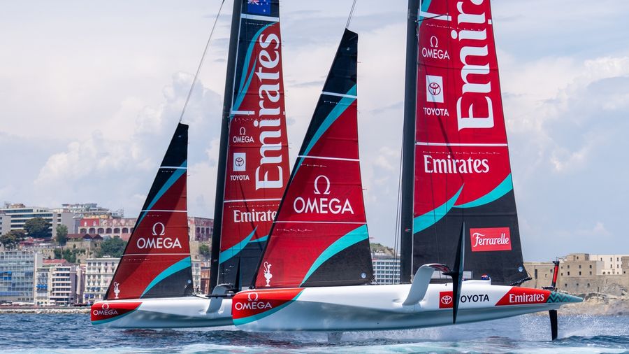 Emirates Team New Zealand takes to the water for their first sail in Naples Bay ahead of the Louis Vuitton 38th America's Cup.