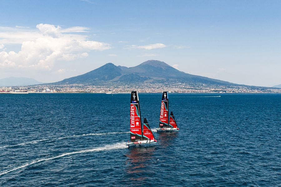Emirates Team New Zealand sailing in Naples Bay ahead of the Louis Vuitton 38th America's Cup.
