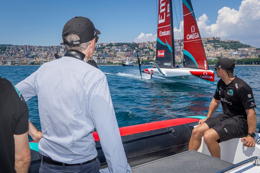 Naples Mayor Gaetano Manfredi and ETNZ CEO Grant Dalton take to the Gulf of Naples on day two of AC40 training ahead of the Louis Vuitton 38th America's Cup.