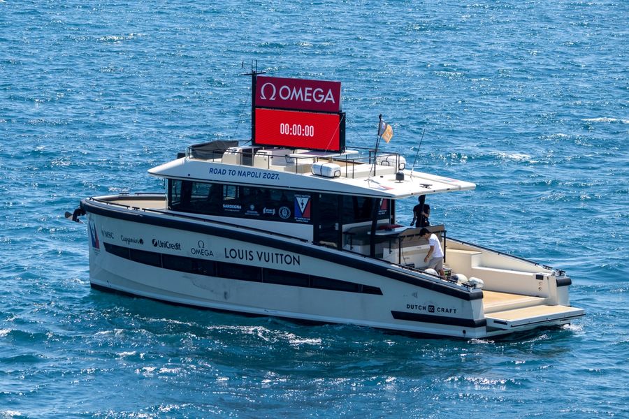The Race Committee oversees action on the water during Day 3 of the Louis Vuitton 38th America's Cup Preliminary Regatta in Sardinia.