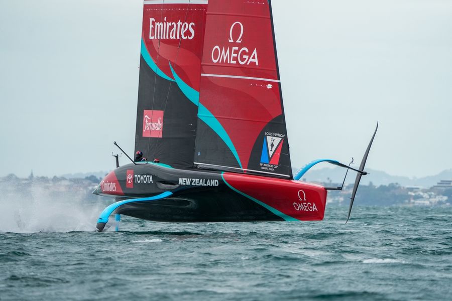 Emirates Team New Zealand's AC75 Taihoro cuts through the water during America's Cup reconnaissance sailing, Day 18.