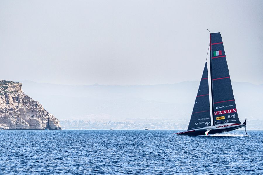Luna Rossa on day 13 of AC38 Recon testing off Cagliari on 15 July 2026.