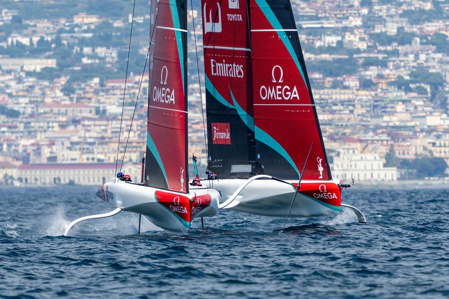 Emirates Team New Zealand out on the water during a training session in Naples Bay ahead of the 38th America's Cup.