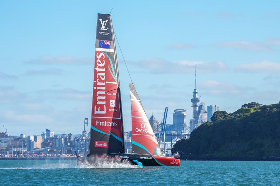 Emirates Team New Zealand's AC75 Taihoro on the water during Day 20 of America's Cup Recon, 5 August 2026.