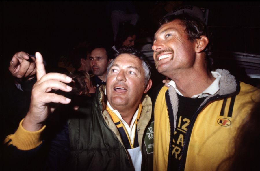 Circa 1983: crew from Australia II, skippered by John Bertrand, who beat American yacht Liberty, skippered by Dennis Conner, to win the America's Cup.
