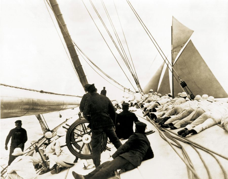 Captain Charlie Barr at the helm of Reliance during the 1903 America's Cup.