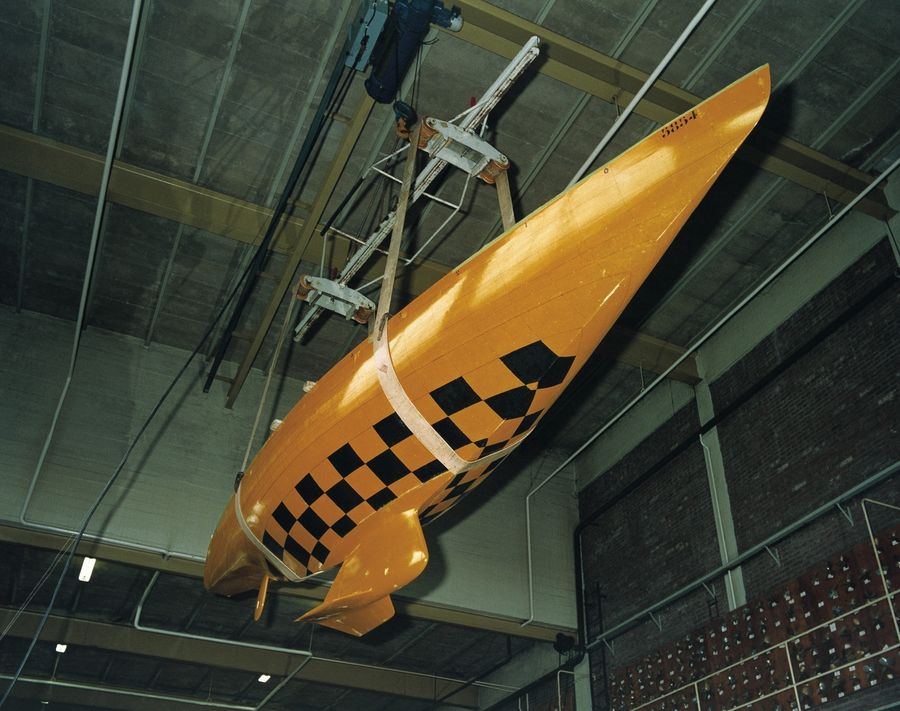 A tank test model of the wing-keeled 12 Metre yacht Australia II, designed by Ben Lexcen, at the NSMB test facility in Wageningen, Holland, ahead of the 1983 America's Cup.