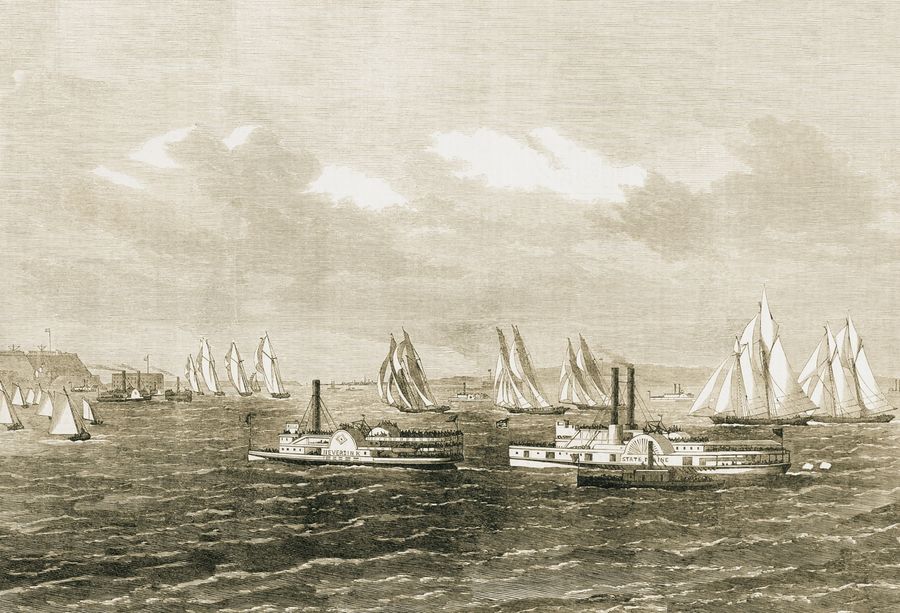 Circa 1870: America's Cup yachts returning to the Narrows in New York Harbour, as published in The London Illustrated News.