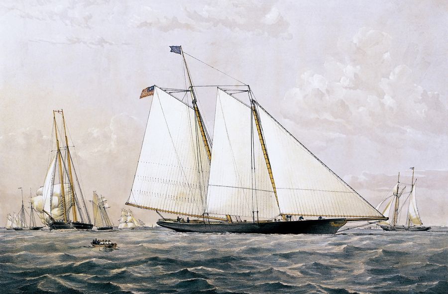 Circa 1851: the schooner America lines up against 17 other yachts off Cowes for the famous race around the Isle of Wight that led to the America's Cup.