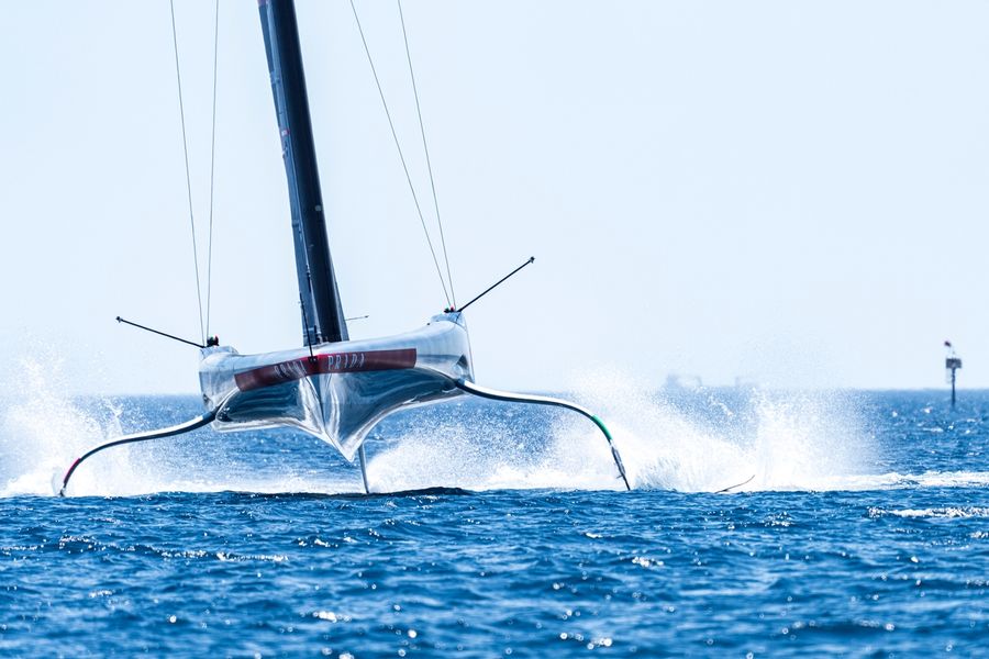 America's Cup racing action on the water.