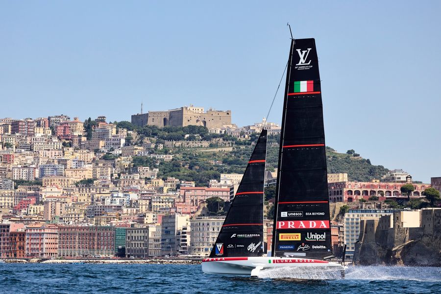 Luna Rossa's AC40 puts in the miles during training on the waters off Naples.