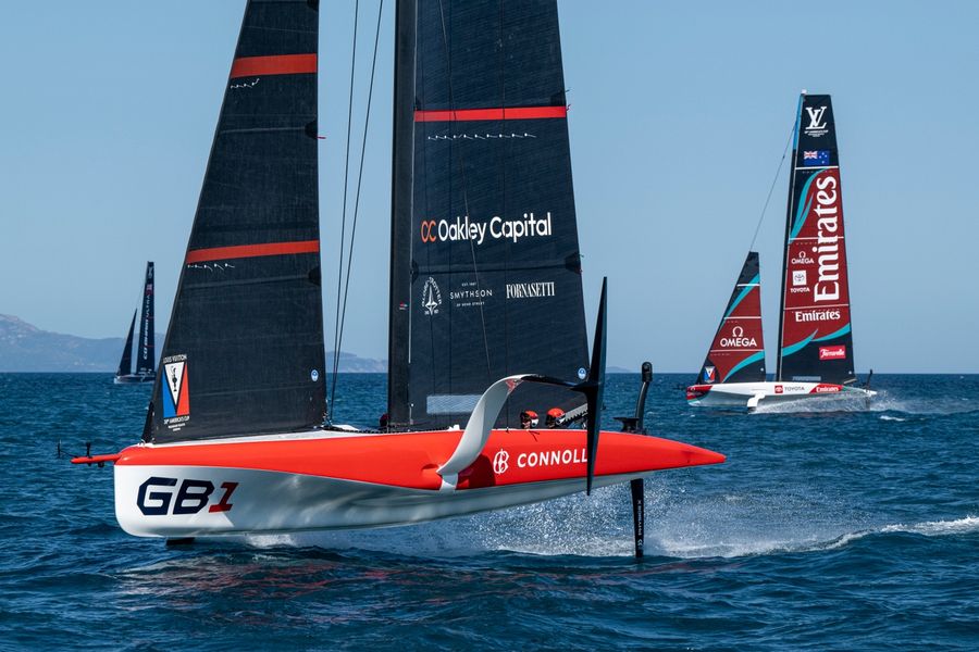 GB1 and Emirates Team New Zealand W&Y go head to head in official practice racing at the Sardinia preliminary regatta, 21 May 2026.